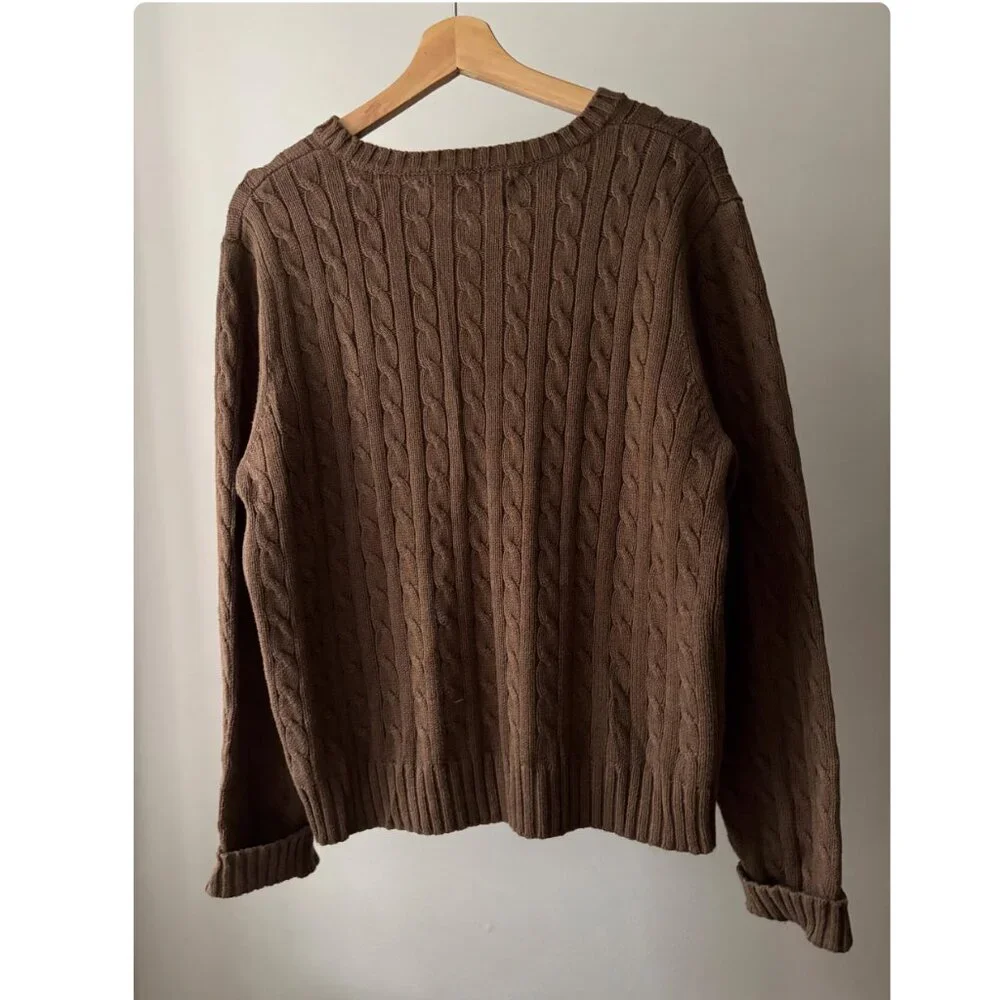 Y2K Brown Cotton Cable knit Sweater | Vintage Boxy Soft Crewneck - Picture 3 of 5